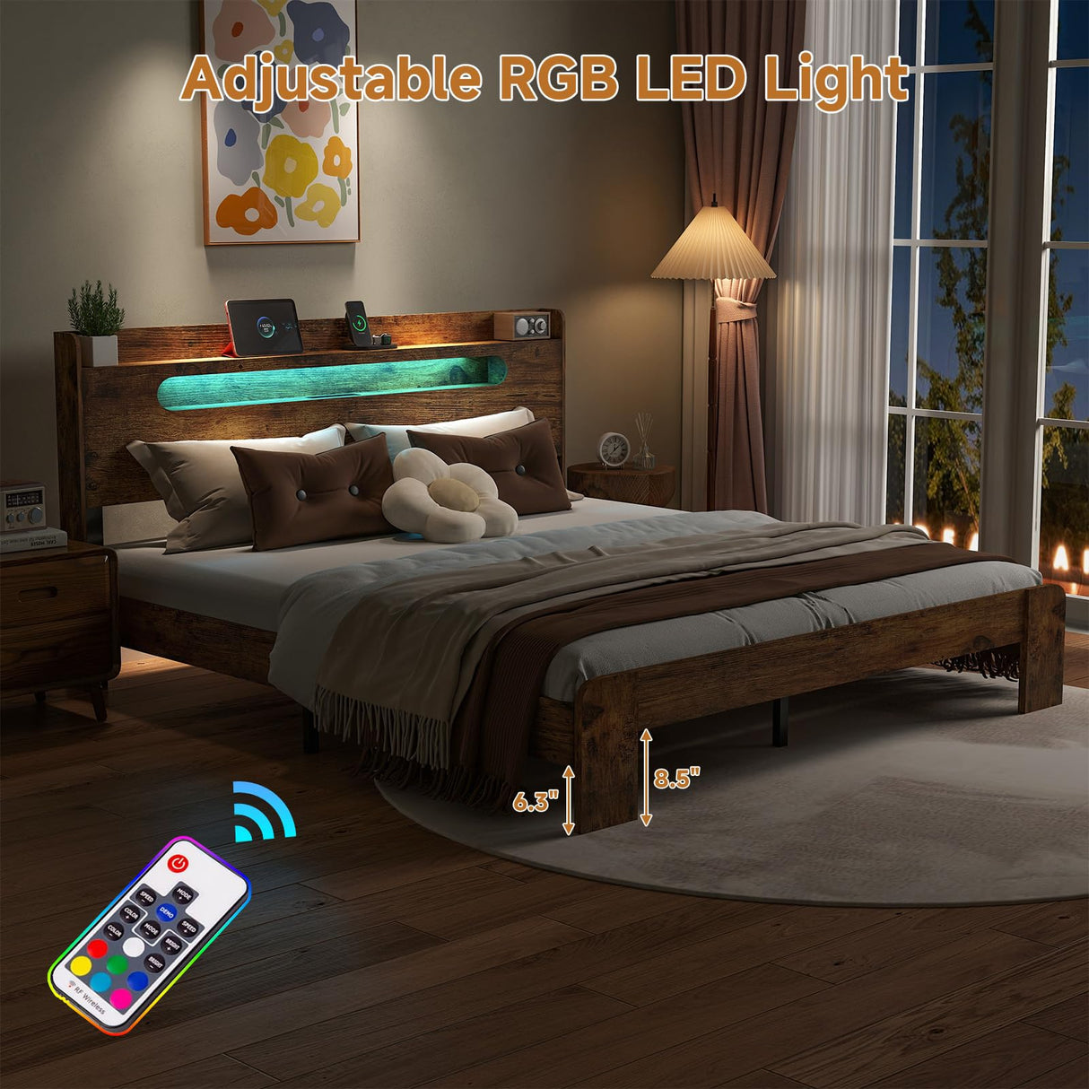 Kiivakii King Bed Frame with Storage Headboard, King Platform Bed Frame with LED Light and Charging Station, Durable Frame, No Noise, No Box Spring Needed, Dark Brown Kiivakii