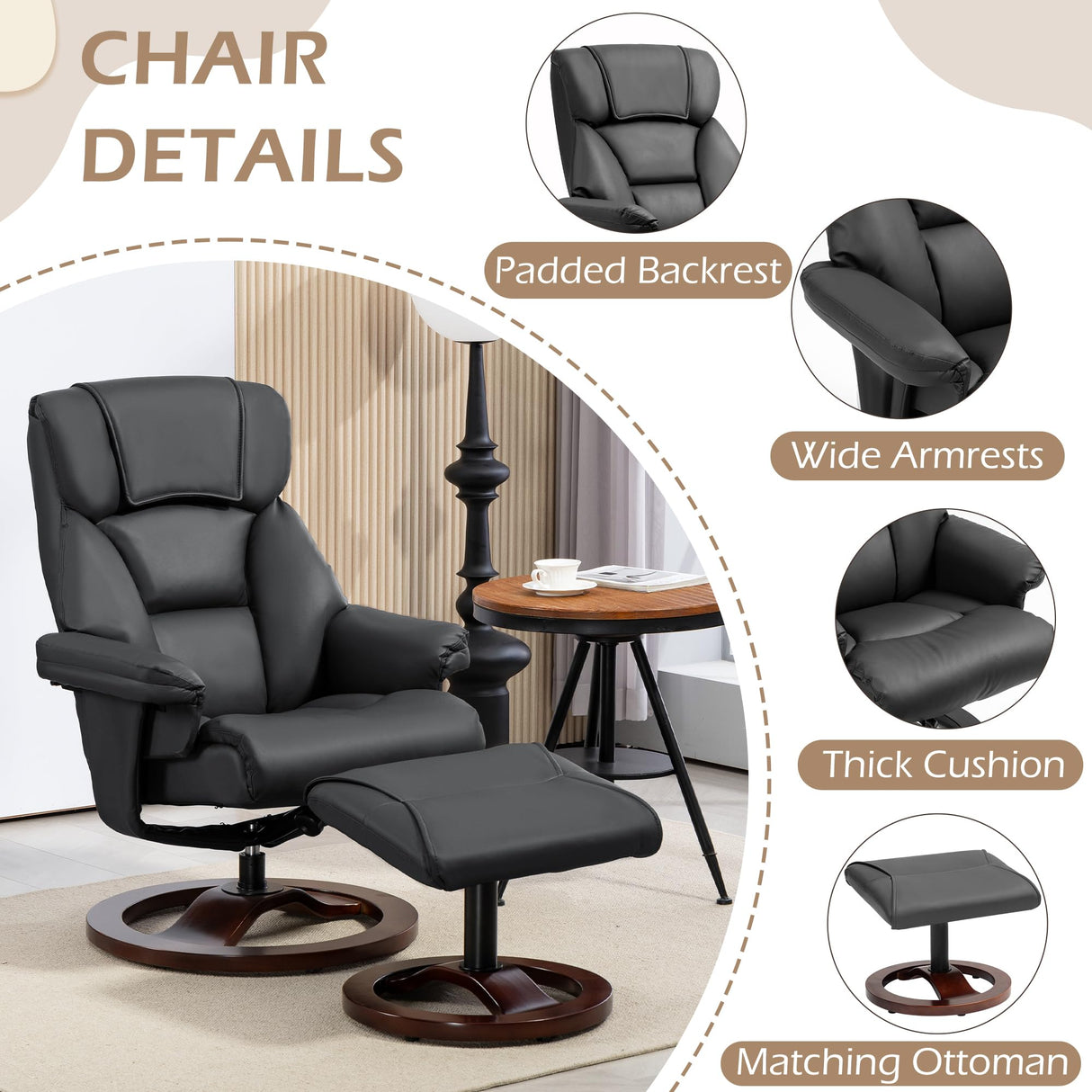 AVAWING Swivel Recliner Chair with Ottoman, Adjustable Faux Leather Lounge Chair, Reclining Chair and Ottoman with Wood Base for Living Room & Bedroom, Black AVAWING