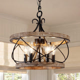 20" Farmhouse Chandelier, 5-Light French Country Drum Chandelier Over Table, Wood Chandelier for Kitchen Island Dining Room Entryway Chords Attic