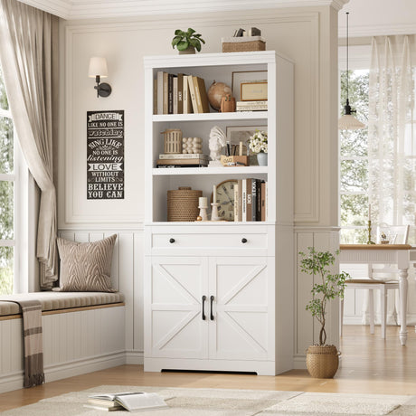 HOSTACK 72" Tall Book Shelf and Bookcase, 14" Deep Bookshelf with Drawer and Doors, Farmhouse Book Case with Storage, Wood Storage Cabinet with Display Shelves for Home Office, Living Room, White HOSTACK