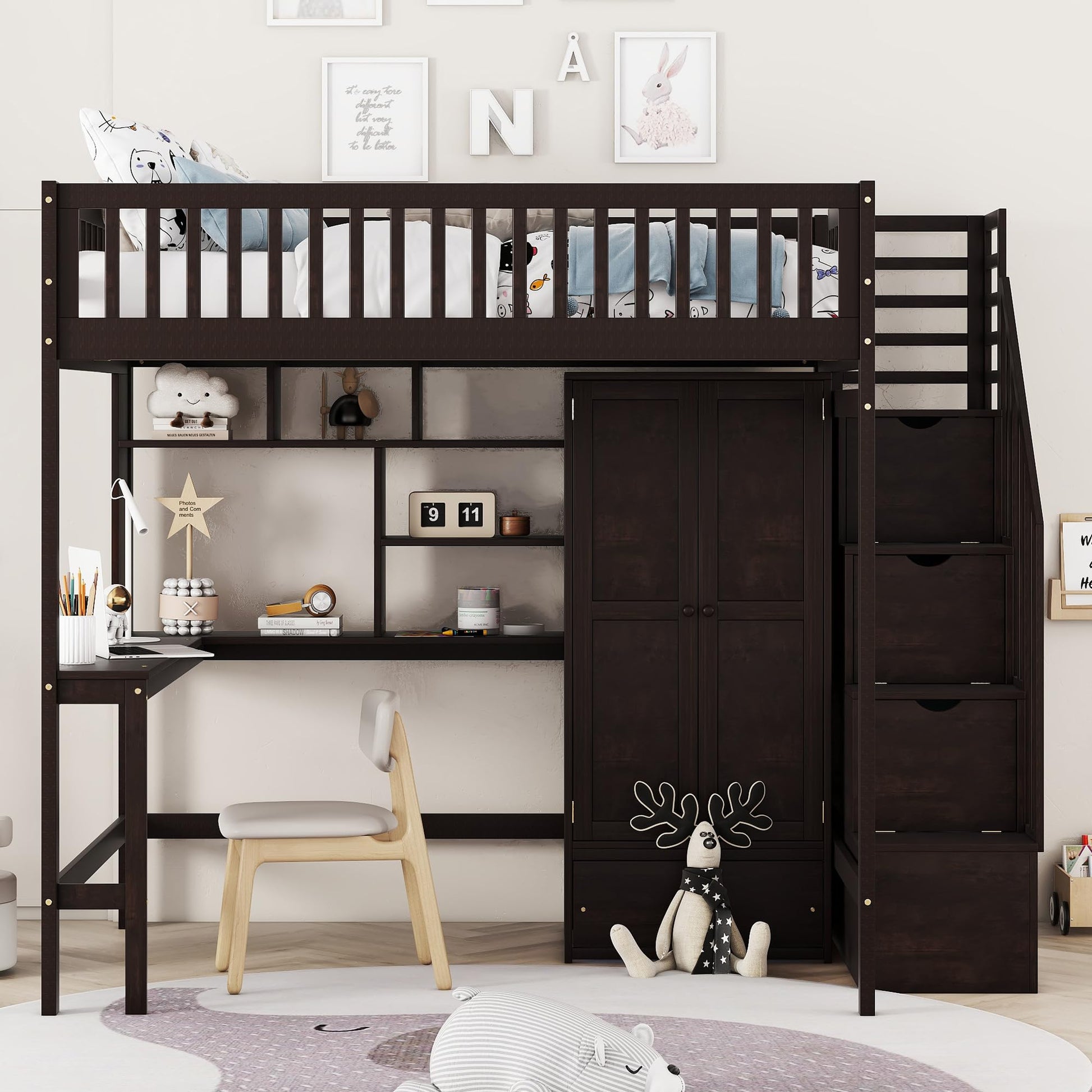 URTR Espresso Full Loft Bed with Storage Stairs, Wardrobe, and Desk for Optimal Space Utilisation - WoodArtSupply