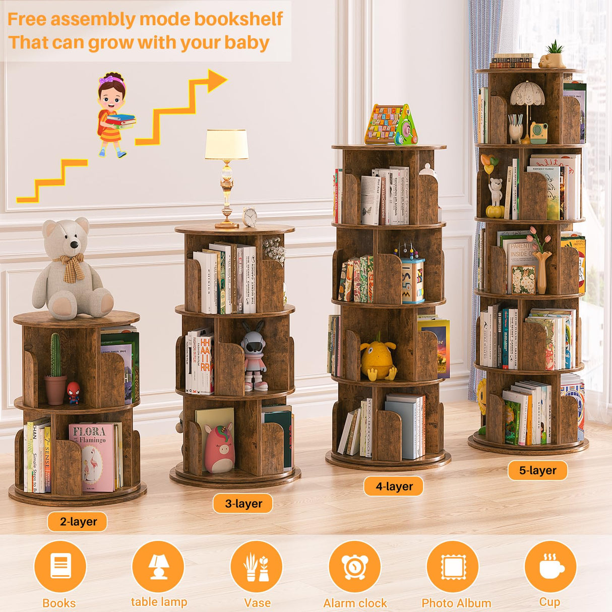 Stylish 360° Rotating 5-Tier Bookshelf in Rustic Brown for Space-Saving Storage Aheaplus