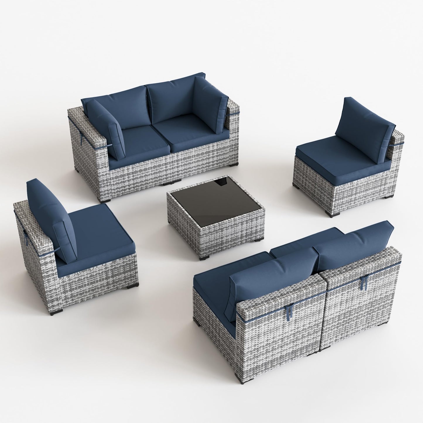 UDPATIO Patio Furniture Sets, Modular Rattan Outdoor Patio Sectional Furniture Sofa Set, Wicker Patio Conversation Set for Backyard, Deck w/Coffee Table, 7PC Grey/Blue (Include Sofa Cover)