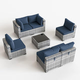 UDPATIO Patio Furniture Sets, Modular Rattan Outdoor Patio Sectional Furniture Sofa Set, Wicker Patio Conversation Set for Backyard, Deck w/Coffee Table, 7PC Grey/Blue (Include Sofa Cover) UDPATIO