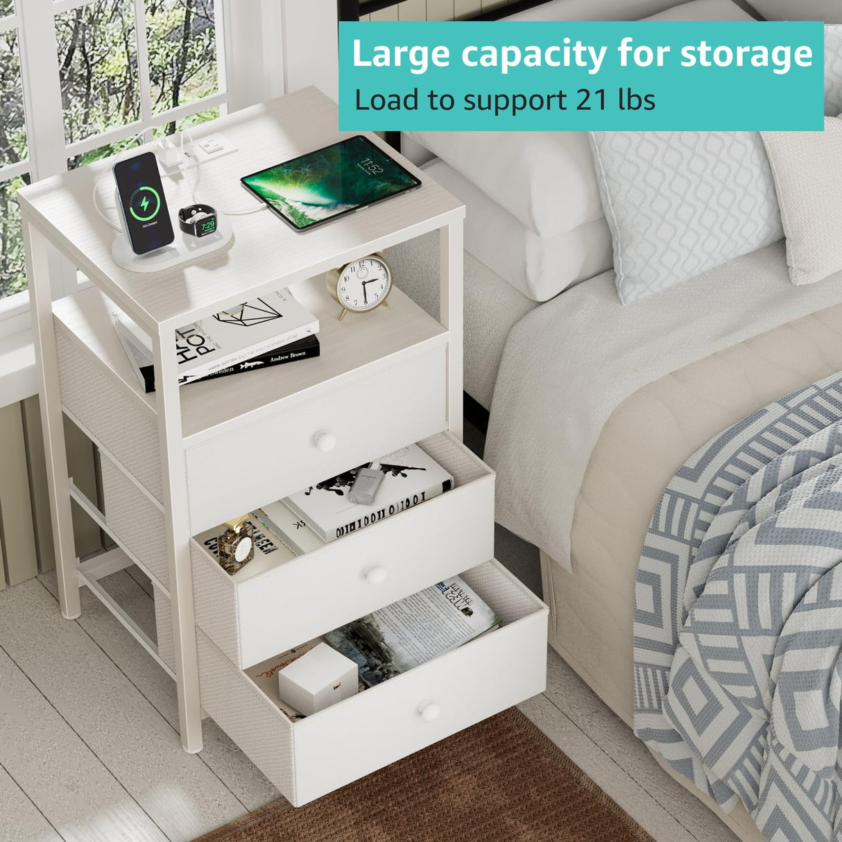 BOLUO White Night Stand with 3 Fabric Drawers, Nightstand with Charging Station LED Nightstand for Bedroom, Bedside Table with USB Ports and Outlets Modern BOLUO