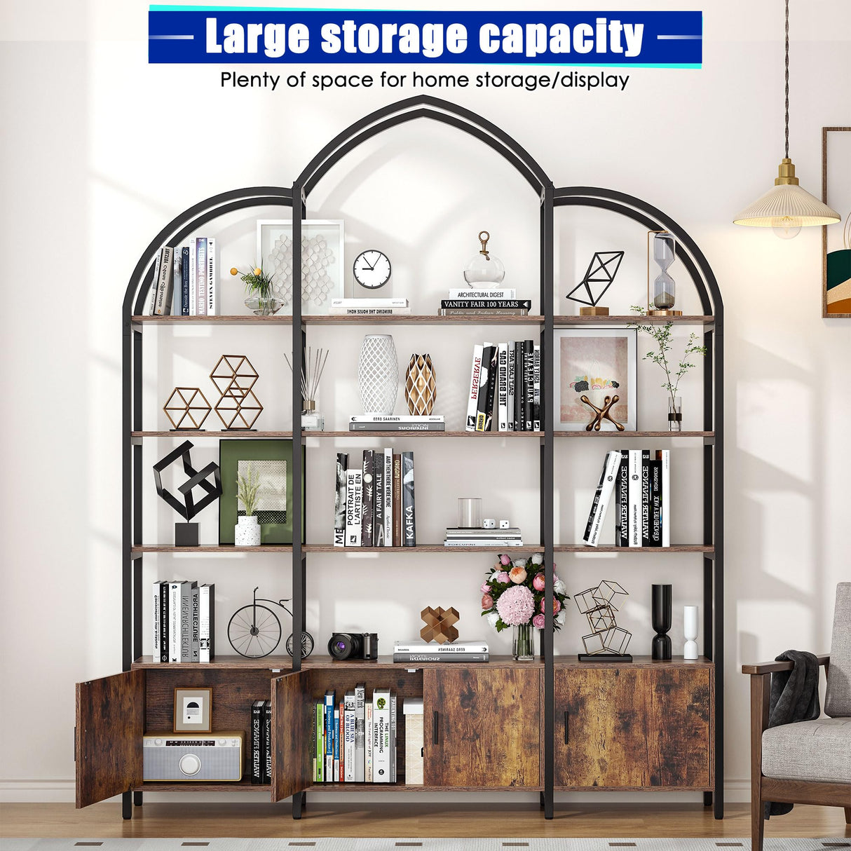 Nosepen Triple Wide 5 Tier Tall Arched Bookshelf and Bookcase with 3 Cabinets, Industrial Metal Etagere Open Bookshelf, Rustic Wood Standing Book Shelf with Black Metal Frame for Bedroom Living Room Nosepen