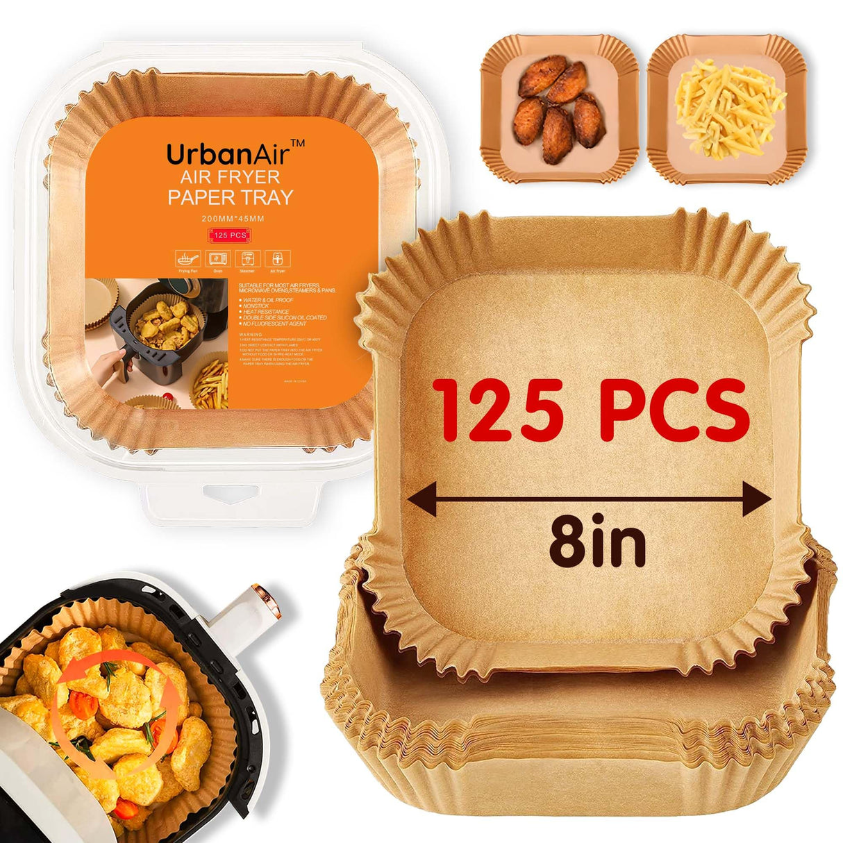 8-Inch Square 125pcs Air Fryer Paper Liners for Easy Cleanup - Non-Stick, Heat-Resistant, and Perfect Fit for Hassle-Free Cooking | Bleach-Free Parchment| (8 In/20cm) URBANAIR