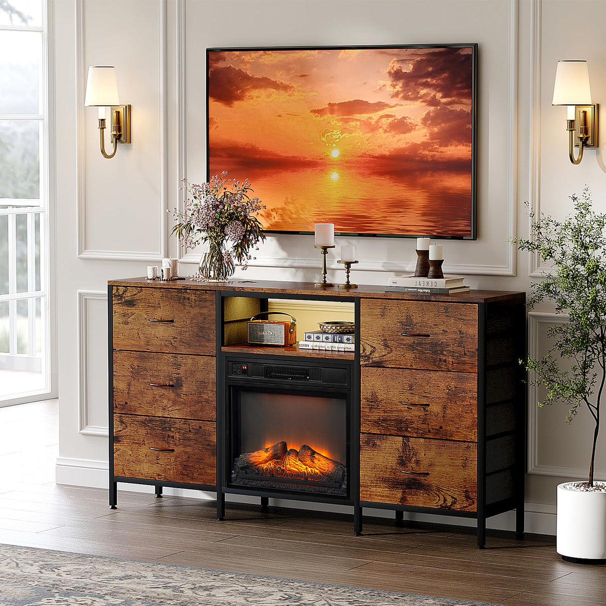 VINGLI Fireplace TV Stand Dresser with Fabric Drawer, Entertainment Center with LED Lights and Industrial TV Console Table with Open Storage Shelves for Living Room, Bedroom,Rustic Brown VINGLI