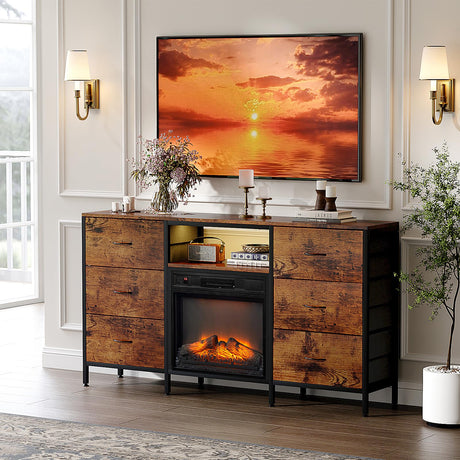VINGLI Fireplace TV Stand Dresser with Fabric Drawer, Entertainment Center with LED Lights and Industrial TV Console Table with Open Storage Shelves for Living Room, Bedroom,Rustic Brown VINGLI