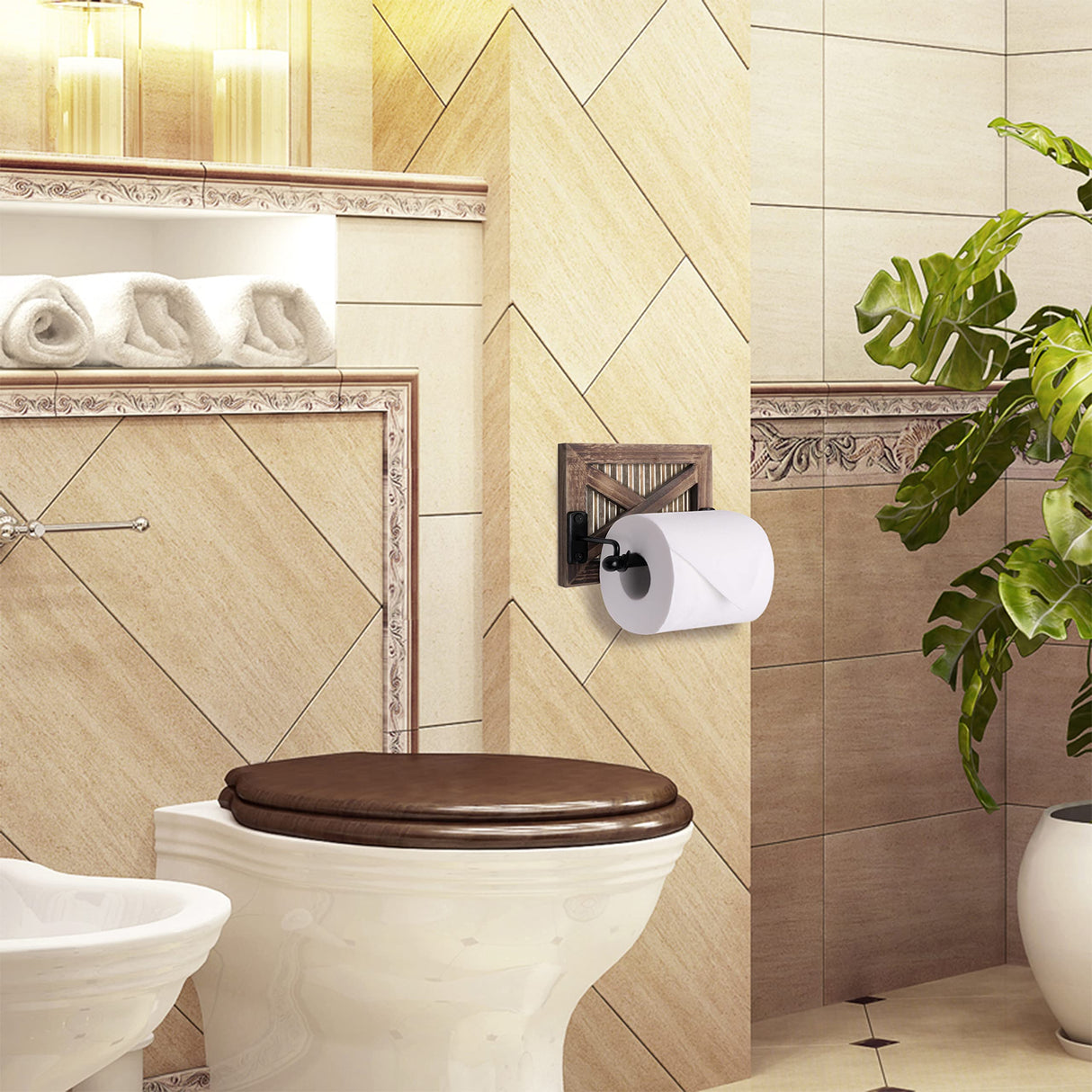 Autumn Alley Rustic Farmhouse Barn Door Toilet Paper Holder | Constructed of Warm Brown Wood, Gold Corrugated Metal and Black Metal | Adds Functional Farmhouse Charm to Your Bathroom Autumn Alley