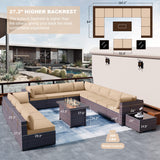 Kullavik 15 Pieces Outdoor Patio Furniture Set with 43" 55000BTU Gas Propane Fire Pit Table PE Wicker Rattan Sectional Sofa Patio Conversation Sets,Khaki Kullavik