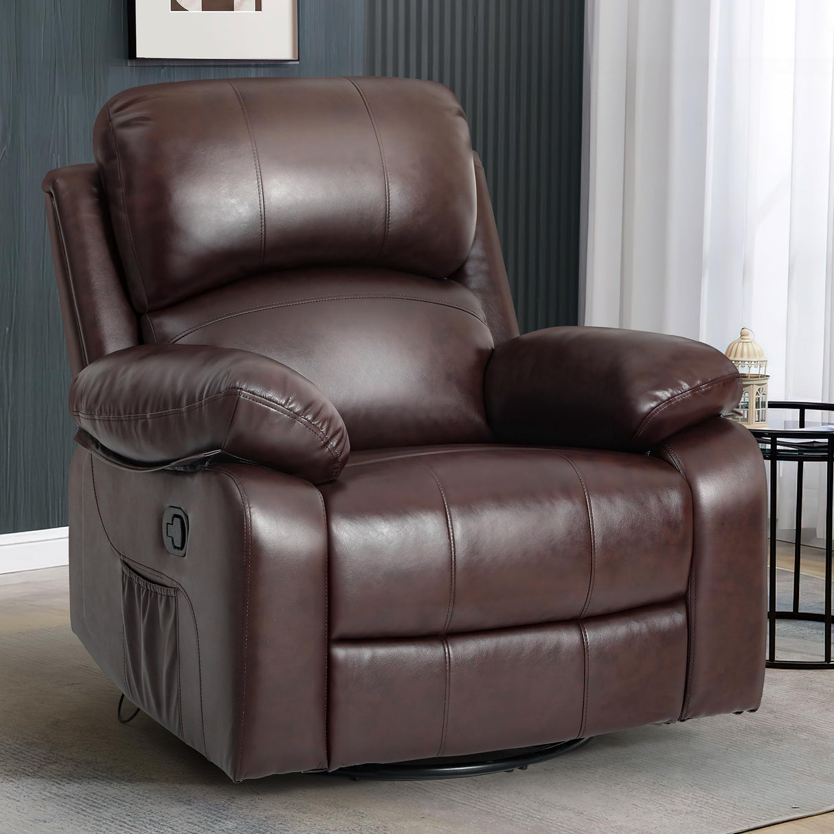 YITAHOME Rocker Recliner Chair with Heat & Massage, Faux Leather Recliner with Overstuffed Armrest, 360° Swivel, Manual Reclining, Rocking Function & Side Pocket for Living Room,Brown1 YITAHOME