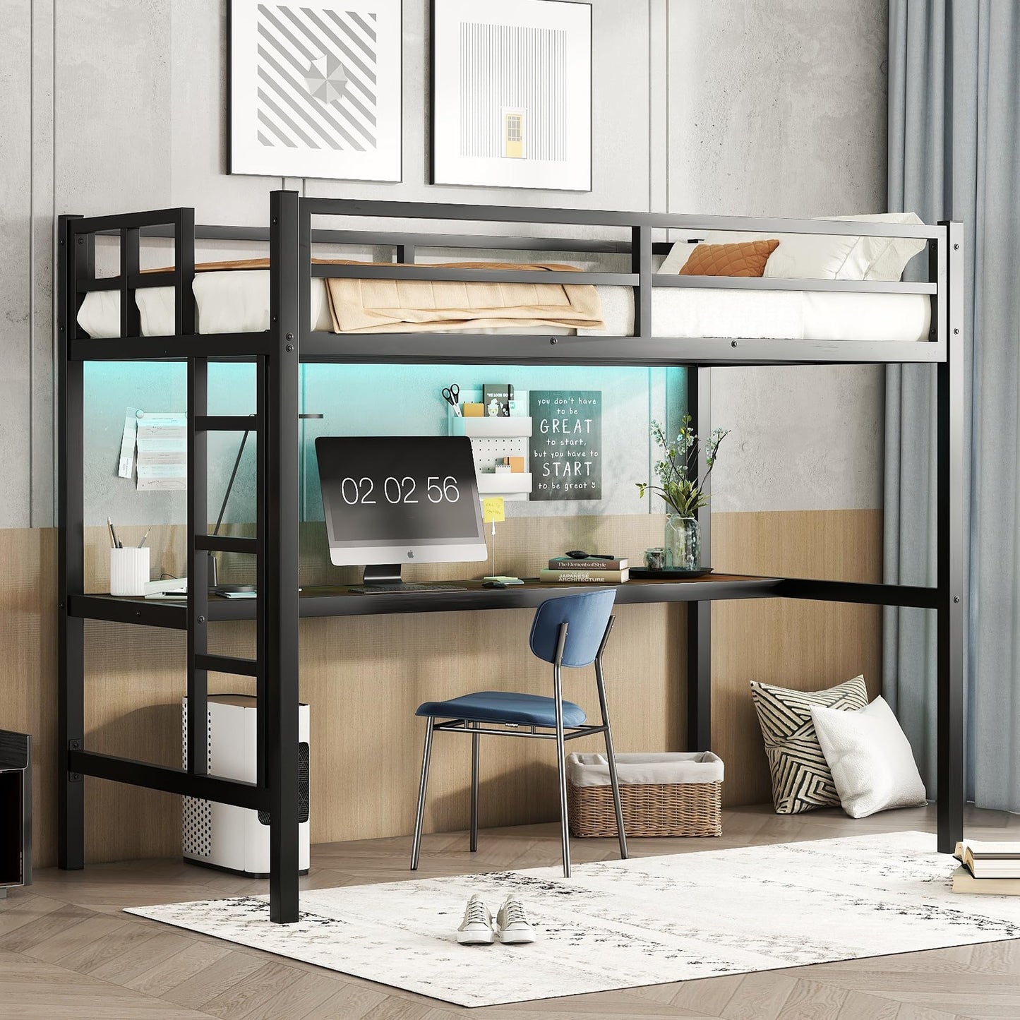 Anwick Full Size Metal Loft Bed with Desk, LED Lights, Charging Station, Safety Guard, and Ladder, Space-Saving and Noise-Free Design, No Box Spring Needed