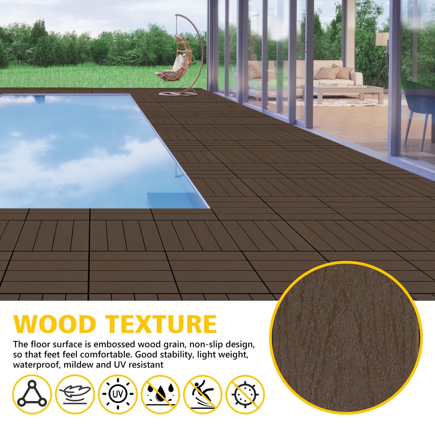 Famobay Plastic Interlocking Deck Tiles,Wood-Like Grain,Waterproof Outdoor Flooring All Weather Use, Patio Floor Decking Tiles for Porch Poolside Balcony Backyard(12"*12", Dark Coffee, 9)