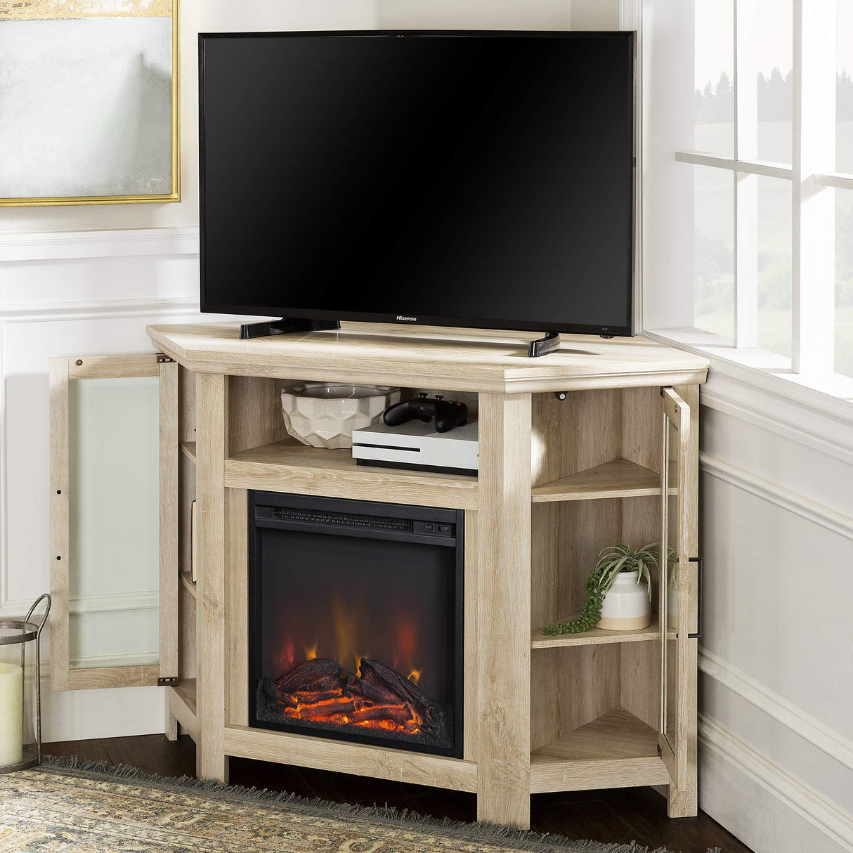 Walker Edison Alcott Classic Glass Door Fireplace Corner TV Stand for TVs up to 55 Inches, 48 Inch, White Oak Walker Edison