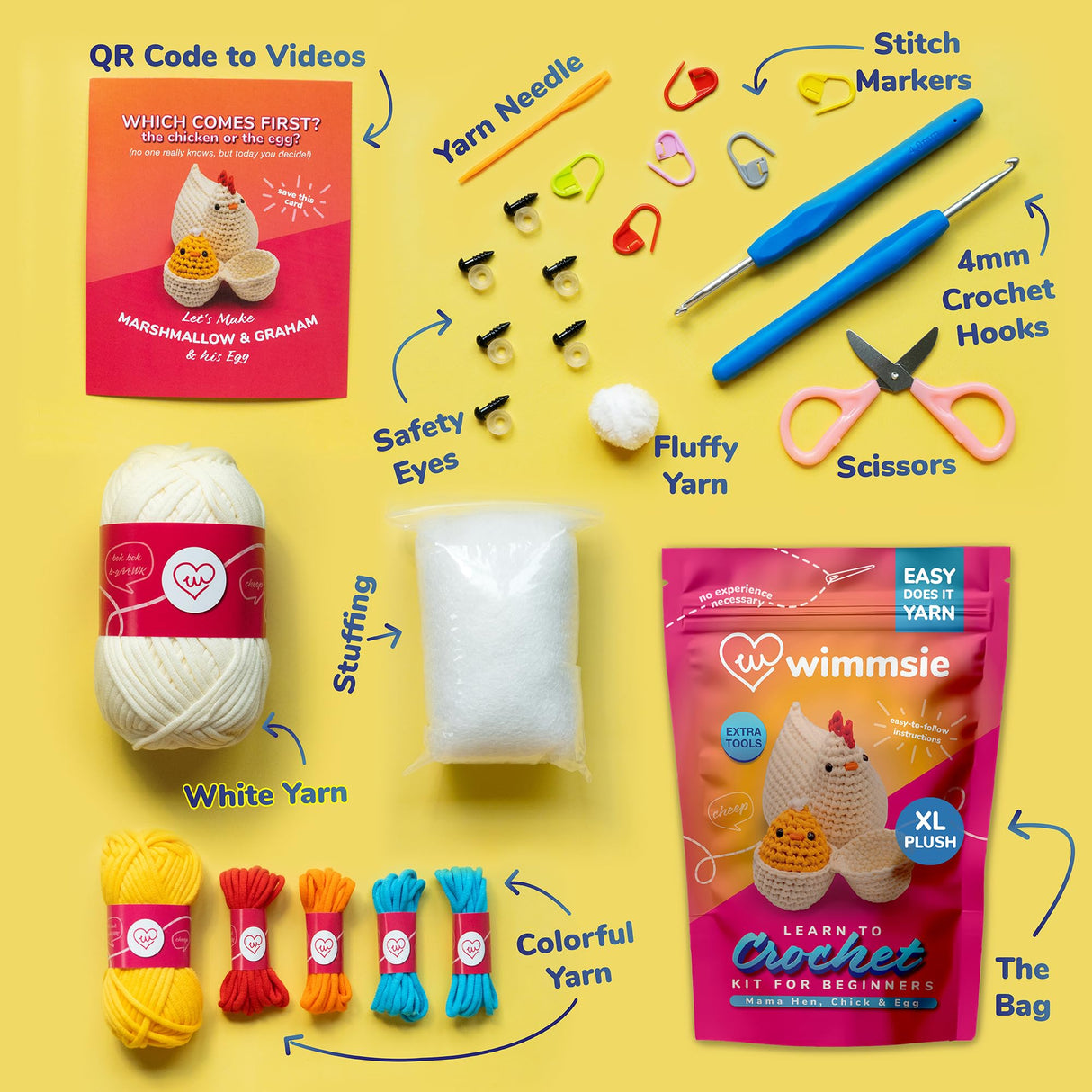 Wimmsie Crochet Animal Kit for Beginners - Easy Beginner Crochet Kit for Kids - Amigurumi Chicken Chick & Egg - 3 Kawaii Stuffed Animals - Cute DIY Yarn Plush Wimmsie