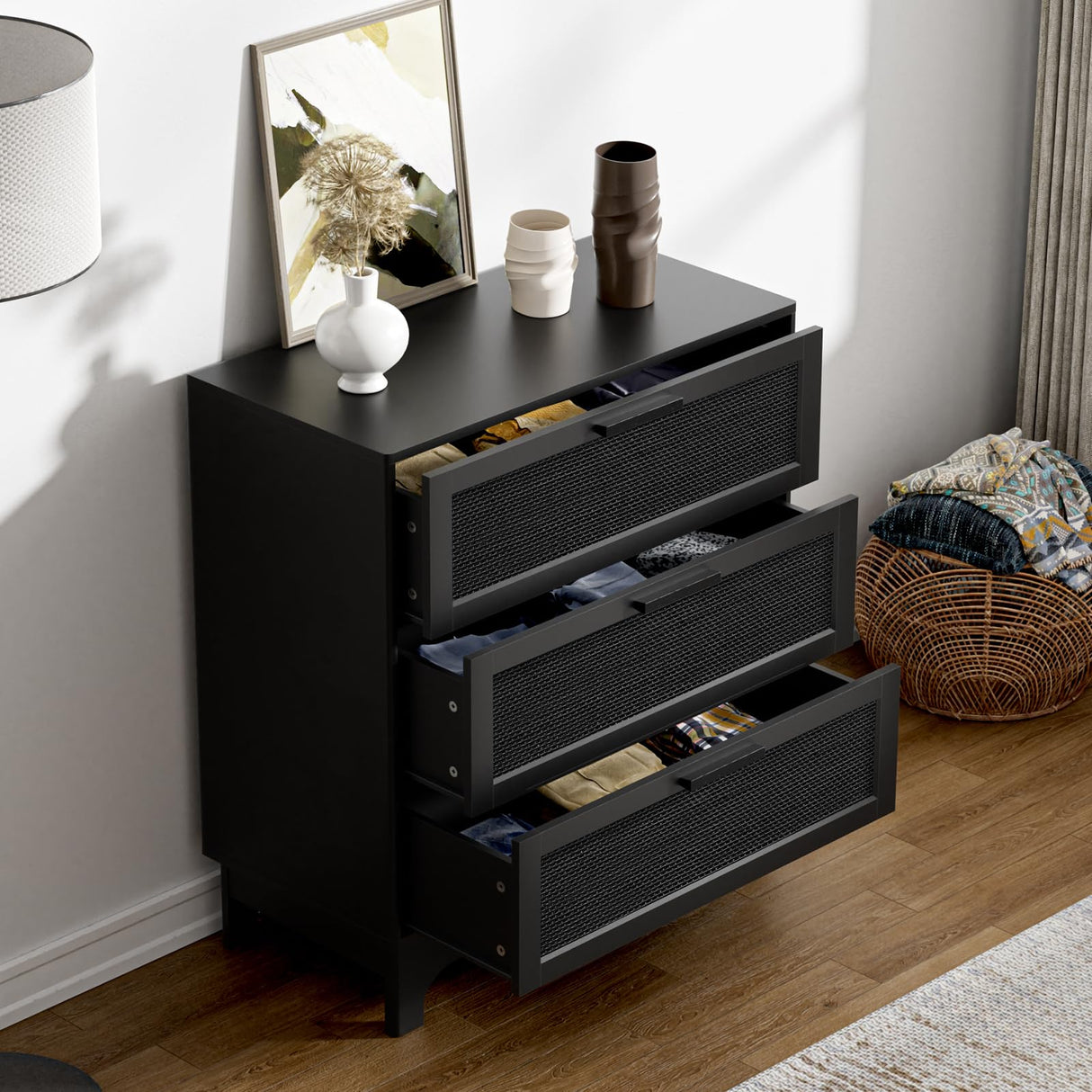 Anmytek 35" H Black Rattan Dresser, Farmhouse 3 Drawer Dresser with Natural Rattan Spacious Chest of Drawers for Living Room, Nursery, Hallway H0096 Anmytek