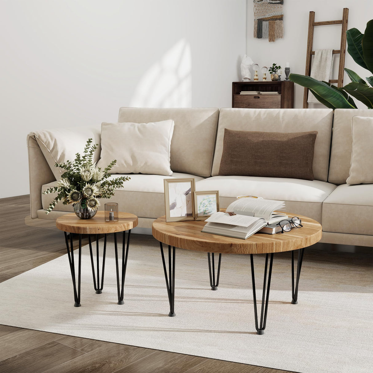 Fun Memories Round Coffee Table - Elm Wood Nesting Table with Metal Legs & Non Slip Feet Base - Rustic Nesting End Tables for Living Room Bedroom - 14" D x 14" W x 16" H - Natural Color Fun Memories