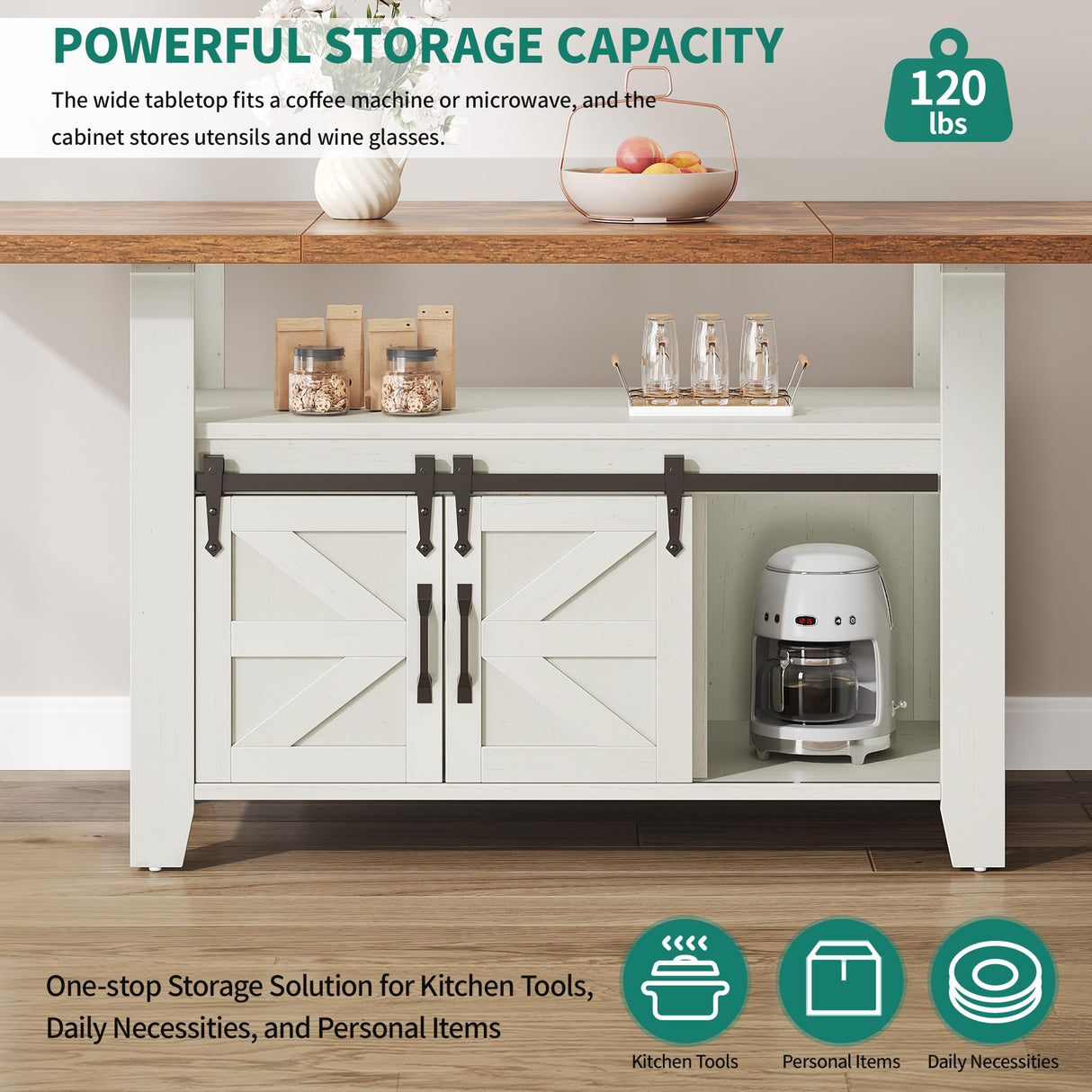 DWVO 70 Inches Rectangle Dining Table for 6-8 People Farmhouse Kitchen Table Large Dinner Table with Storage Cabinet Rustic Wooden Table for Dining Room Kitchen Apartment Resturant, White DWVO