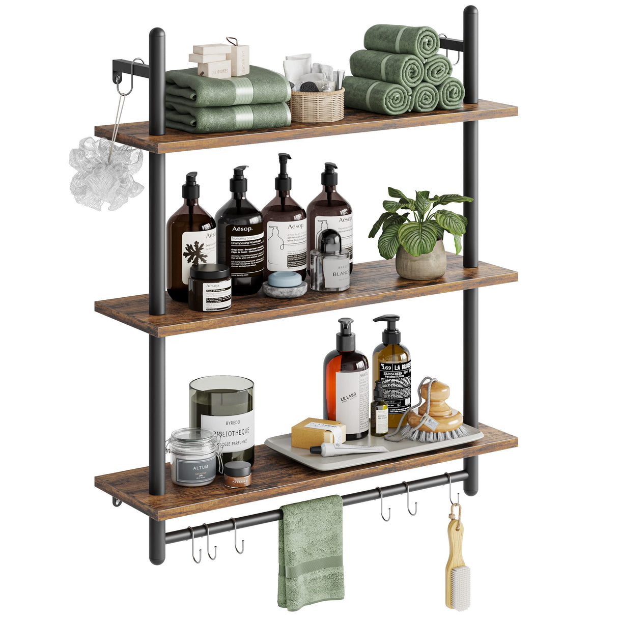 Bestier 3 Tier Industrial Pipe Shelving, Floating Book Shelves for Wall, Storage Hanging Shelves with Towel Bar for Bathroom Organizer Bedroom Kitchen Plants Office. 31.5 Inch Rustic Brown Bestier