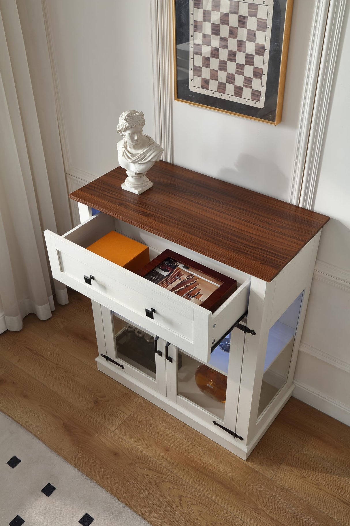 FOREST GRAVITY 31.5'' Modern Small Buffet Cabinet with Storage,Buffet Sideboard with Two Glass Doors and a Drawer,Coffee bar Cabinet with Adjustable Shelf,for Kitchen and Dining,Antique White FOREST GRAVITY