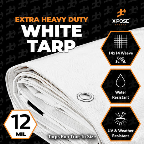 Heavy Duty White Poly Tarp 20' X 40' - Multipurpose Protective Cover - Durable, Waterproof, Weather Proof, Rip and Tear Resistant - Extra Thick 12 Mil Polyethylene - by Xpose Safety Xpose Safety