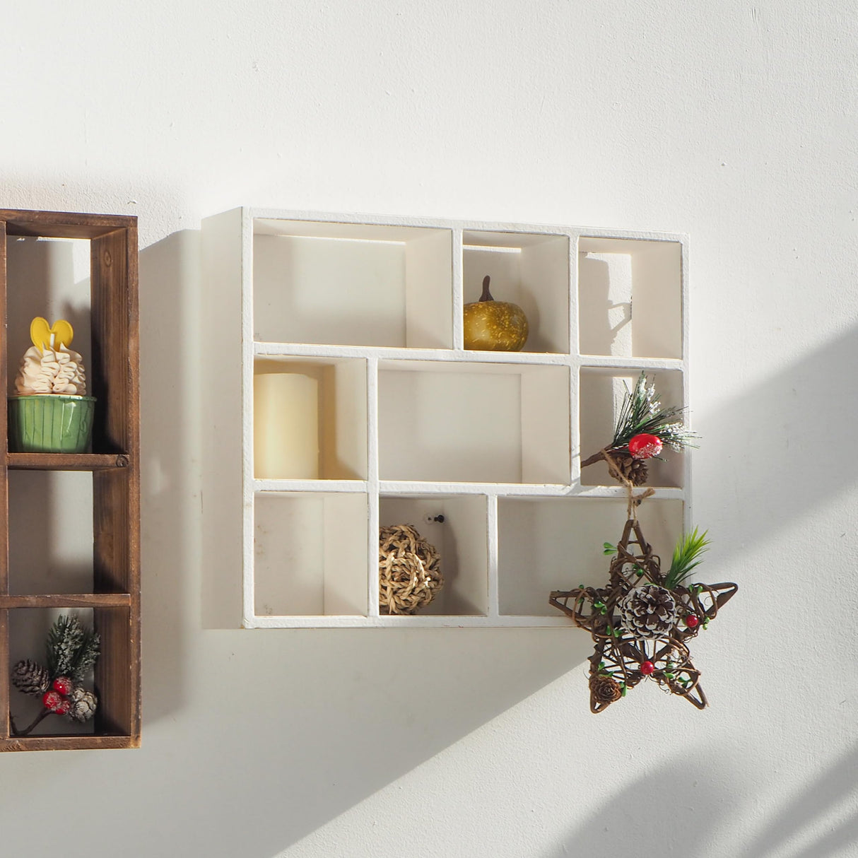 SOFE Small White Shadow Box with Shelves, Wall Shelving Unit 9-Compartments, Freestanding or Wall Mounted Curio Cabinet, Knick Knack Display Shelf, Wood Floating Cube Shelves for Wall, Collectibles SOFE