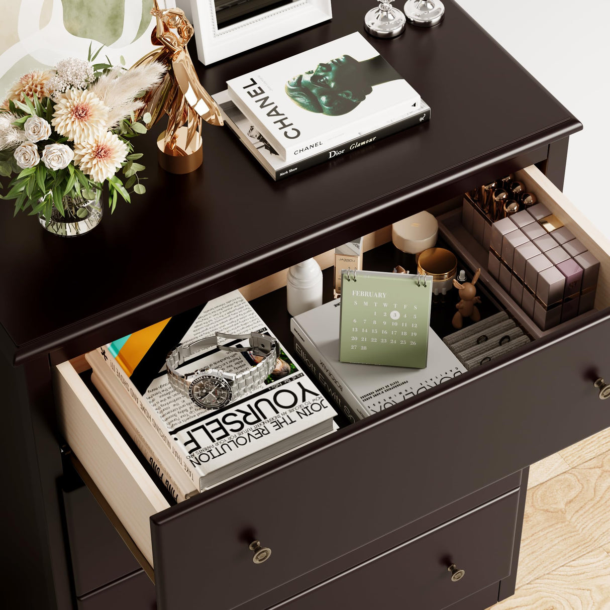 HOUSUIT Dresser, 4 Drawer Dressers Chests of Drawers, Modern Tall Dresser, Wood Drawer Chest Storage Cabinet for Living Room, Hallway, Entryway, Home Office, Dark Brown HOUSUIT