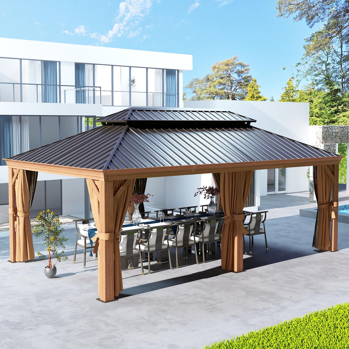 Aoxun 12' x 20' Permanent Gazebo, Wooden Finish Coated Aluminum Frame Canopy with Dual-Layer Galvanized Steel Hardtop Top, Outdoor Metal Pavilion, for Deck, Patio and Backyard Aoxun