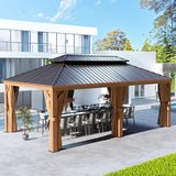 Aoxun 12' x 20' Permanent Gazebo, Wooden Finish Coated Aluminum Frame Canopy with Dual-Layer Galvanized Steel Hardtop Top, Outdoor Metal Pavilion, for Deck, Patio and Backyard Aoxun