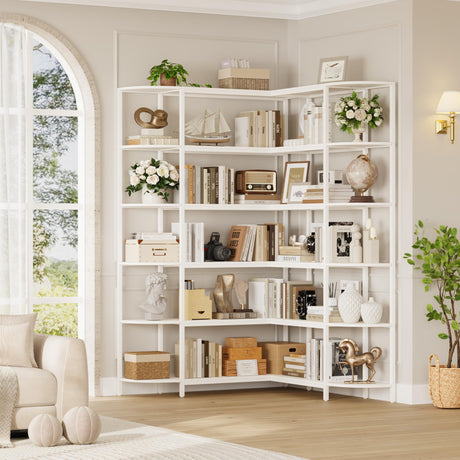 HITHOS 71.5" Tall Corner Bookshelf, L-Shaped Bookshelves and Bookcase, 6 Tier Corner Shelf with Open Storage, Wooden Etagere Bookcase Display Storage Rack for Living Room, Home Office, White HITHOS