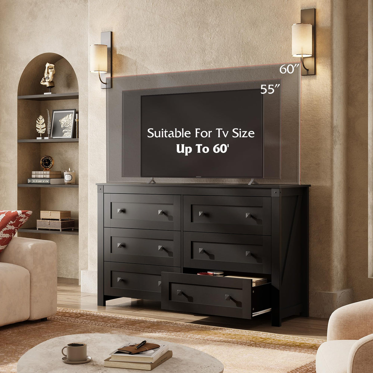 WLIVE Farmhouse 6 Drawer Dresser for Bedroom, 53.07'' Wide Wood Dresser, Black Dresser Storage with Double Rustic Handle, TV Stand for 60 inch TV, Chest of Drawers for Living Room, Hallway WLIVE