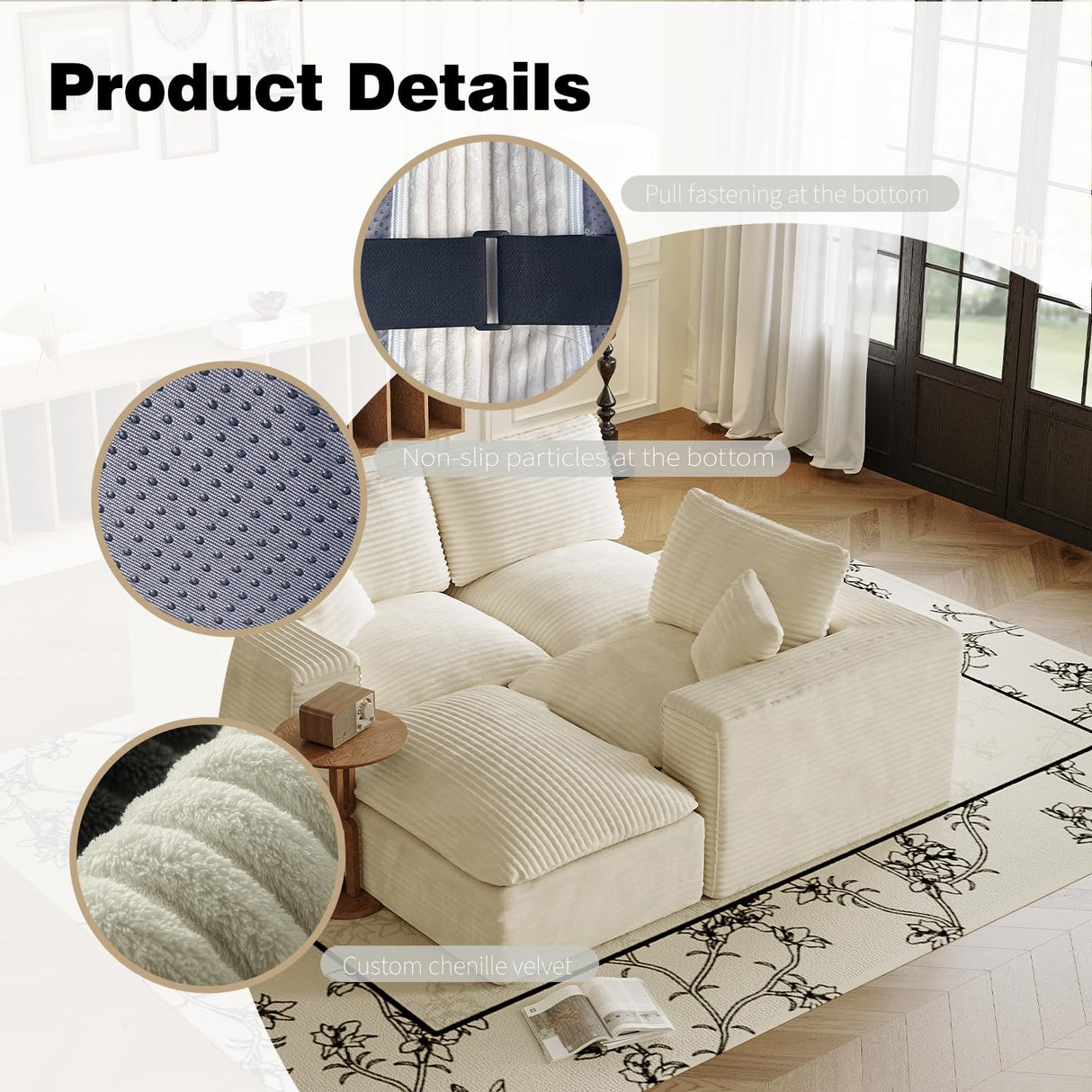 ZIGHTH 108" Plush Corduroy L Shaped Sectional Cloud Sofa Couch with Ottoman, Soft Deep Seat Modular Sectional Couches for Living Room,No Assembly. Beige ZIGHTH