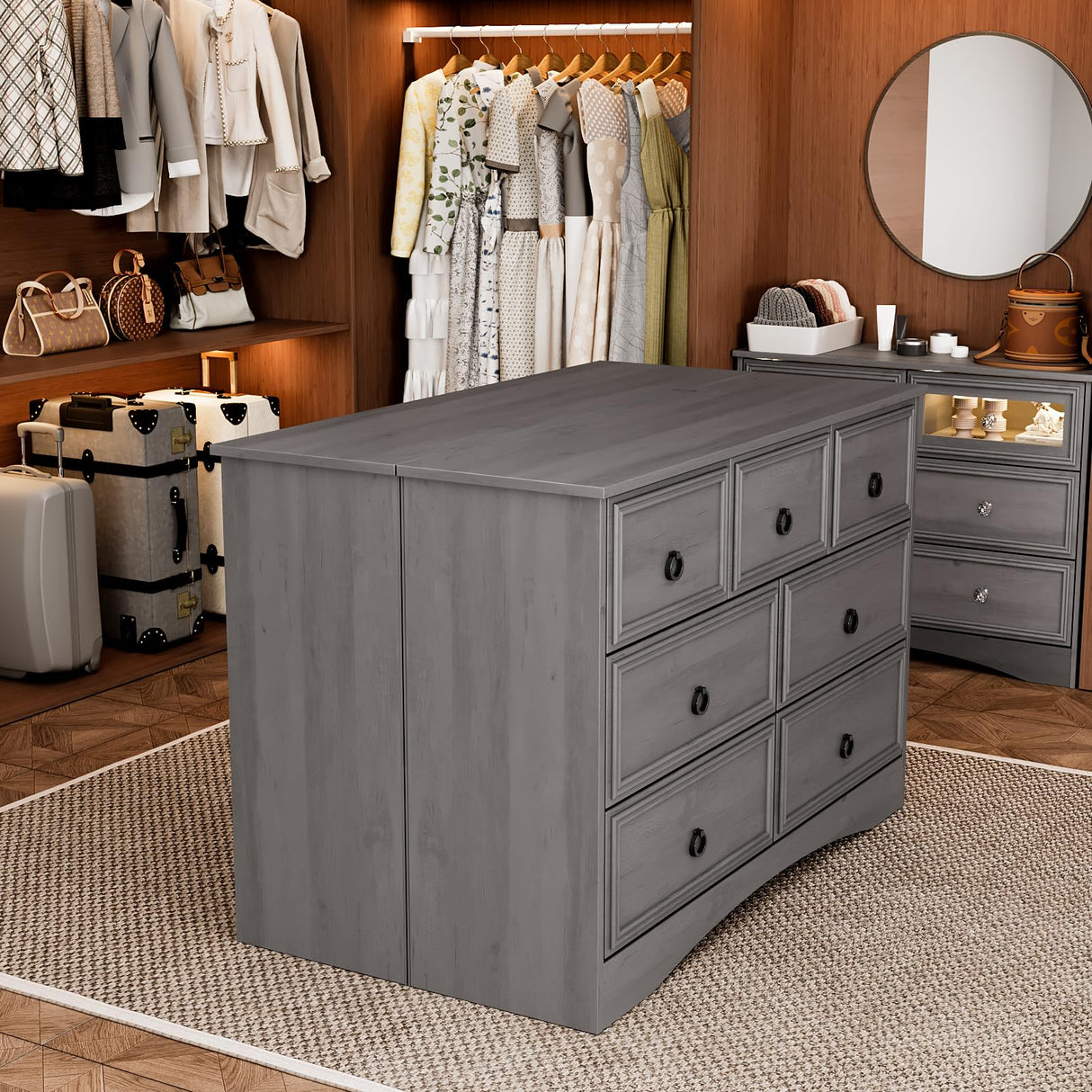 Modern 7 Drawer Dresser Gray Dressers for Bedroom, Wood Dresser with Drawers for Clothes Storage, 47" Long Dresser with Textured Borders Deep Drawer, Chest of Drawers Closet Organizers for Bedroom HolliWill