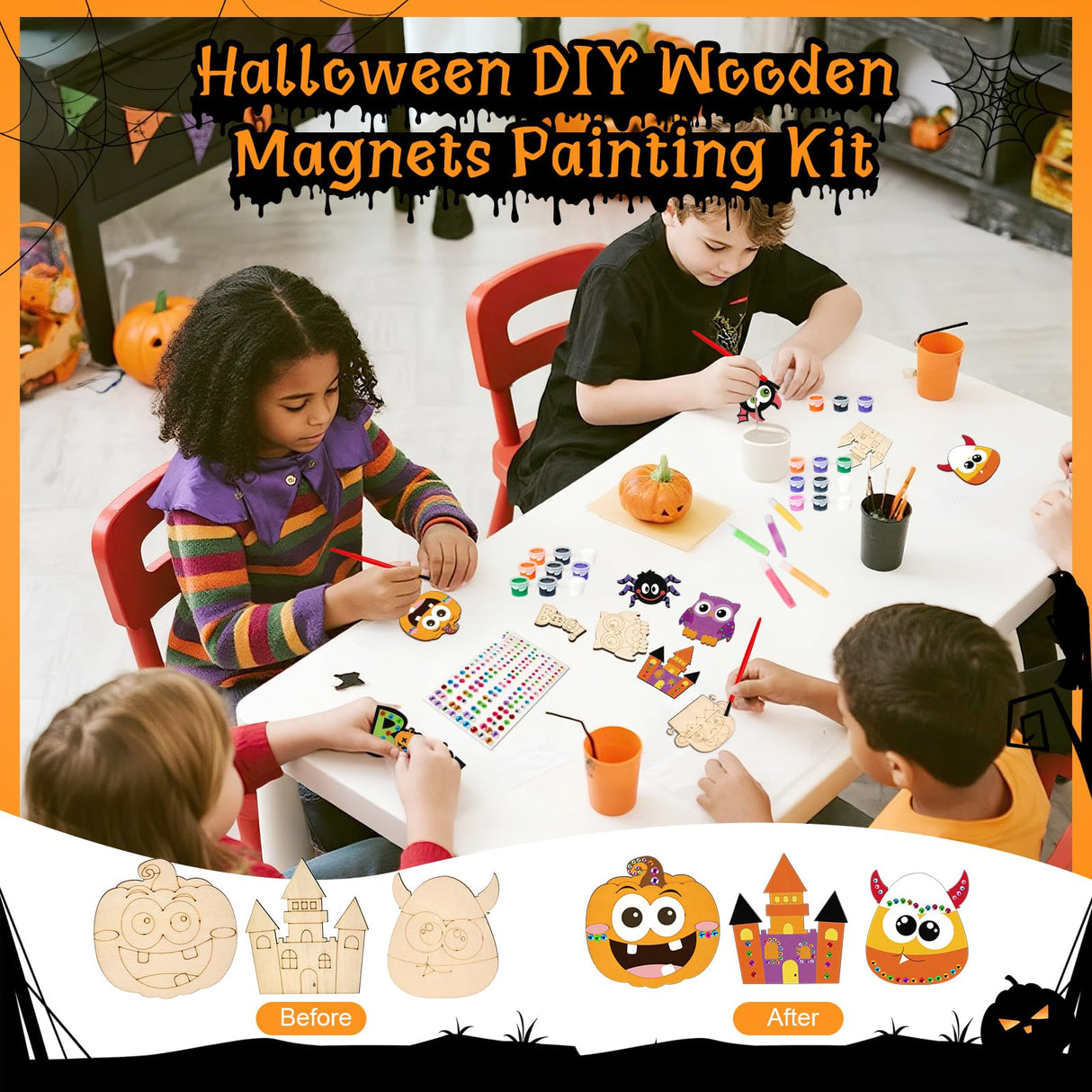 Bafeil 24 Pcs Halloween DIY Wooden Magnets to Paint, Halloween Glow in The Dark Wood Painting Crafts, Fridge Magnets Craft Kits for Boys Girls, Activities Party Favors Goodie Bag Stuffers Games Gifts Bafeil