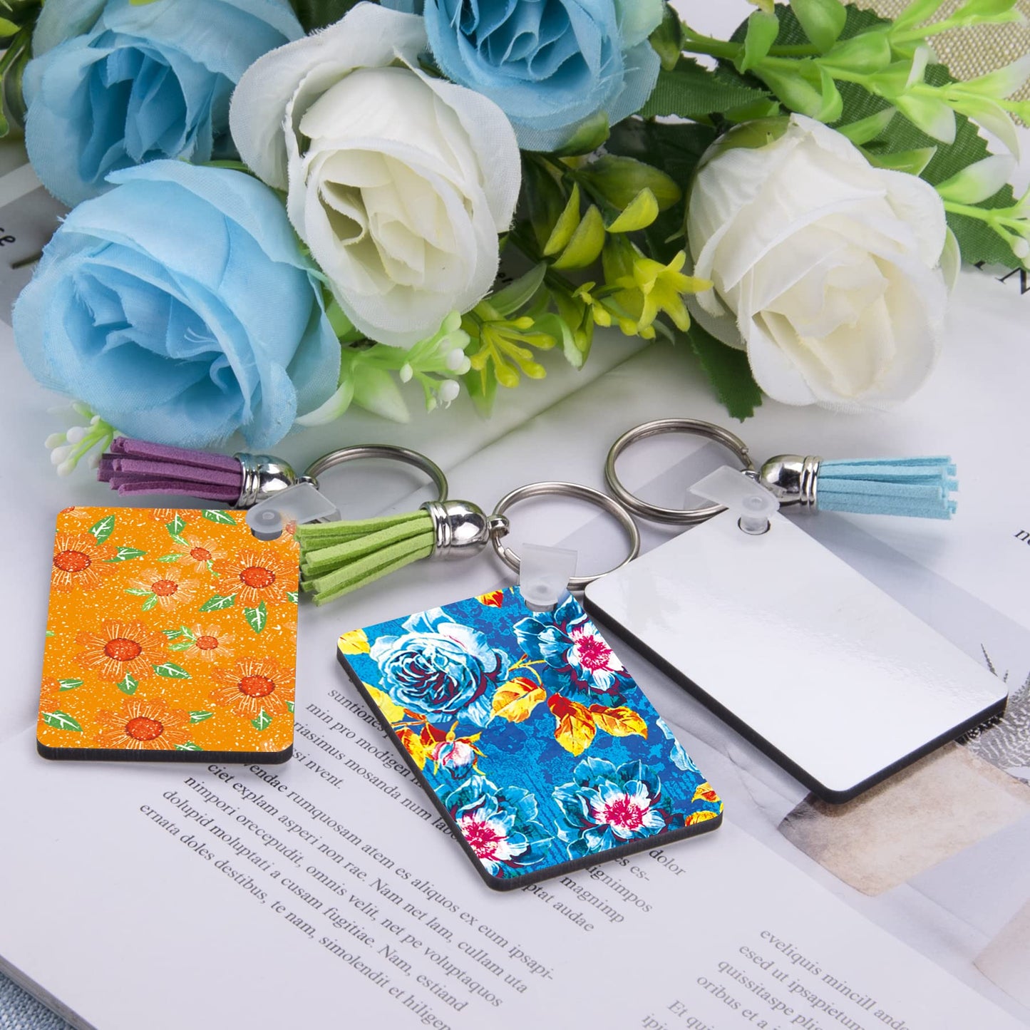 Duufin 120 Pieces Rectangle Sublimation Keychain Blanks Double Side Heat Transfer Blanks MDF Blank Board Key Rings Blanks for Sublimation DIY and Craft