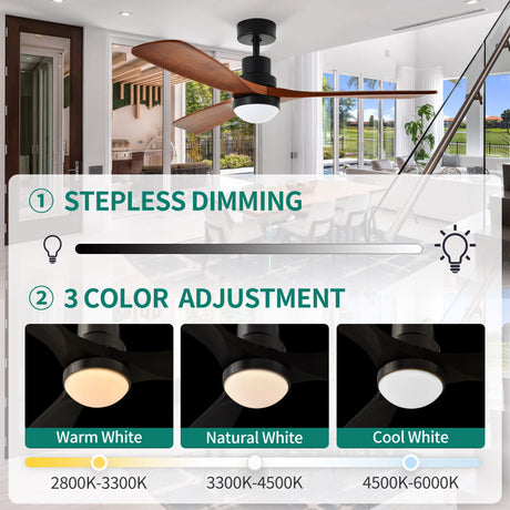 YITAHOME 52" Ceiling Fan with Lights and Wall Switch Remote, Industrial Wood Fan with Quiet Reversible 6 Speeds Motor, Dimmable LED 3 Color, Memory Function for Outdoor Indoor, Black & Walnut YITAHOME