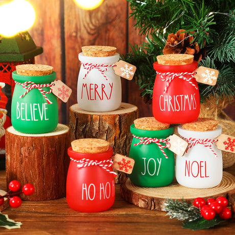 Umigy 6 Pcs Christmas Mini Mason Jars Mini Pudding Jar Christmas Tiered Tray Decor for Table Holiday Farmhouse Winter Centerpiece for Shelves Mason Jar Decoration with Label Tags String for Xmas Party Umigy