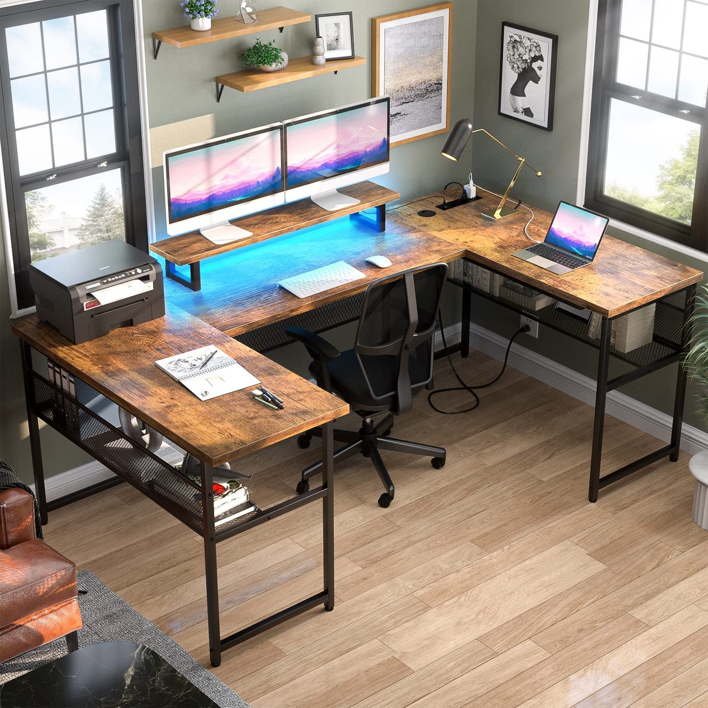 Revamp Your Workspace with the Unikito Reversible U Shaped Office Desk Featuring Power Outlets and LED Strip Lighting - WoodArtSupply