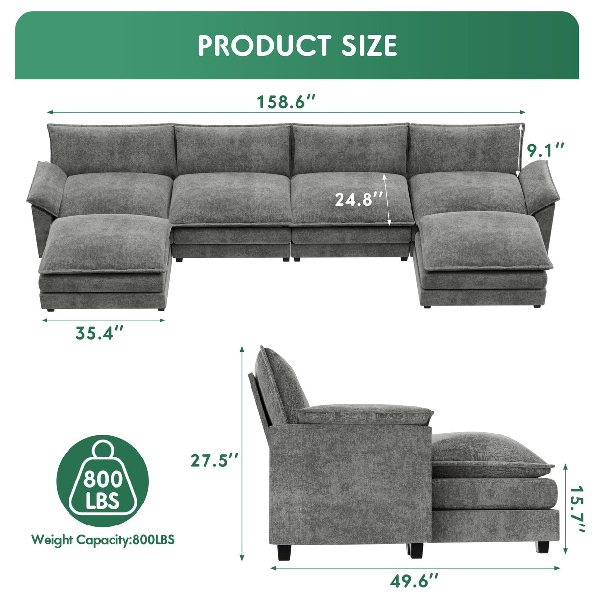 YESHOMY Sectional Modular Sofa U Shaped Chenille Fabric Couch with High Supportive & Soft Sponges and Removable Ottoman, Sleeper Comfy Upholstered Furniture for Living Room, Grey YESHOMY