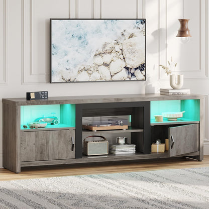 Bestier TV Stand with LED Light for TVs up to 80 Inch, Farmhouse Entertainment Center with Adujstable Shelf and Storage Cabinets, Wood TV Console Table for Living Room Bedroom - Wash Grey