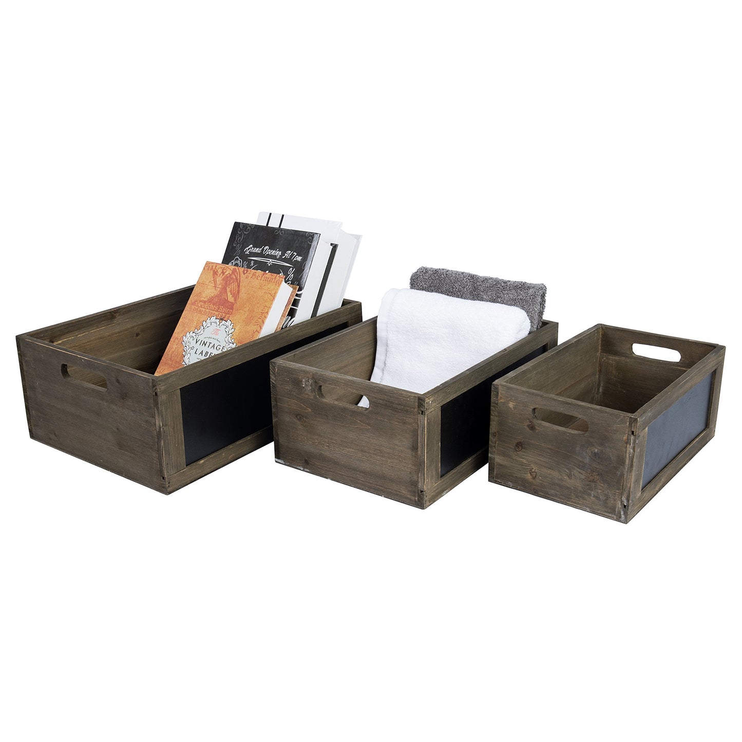 MyGift Rustic Brown Weathered Wood Nesting Storage Bins with Chalkboard Panel and Cutout Handles, Decorative Farmhouse Wooden Stackable Open Top Boxes, 3 Piece Set