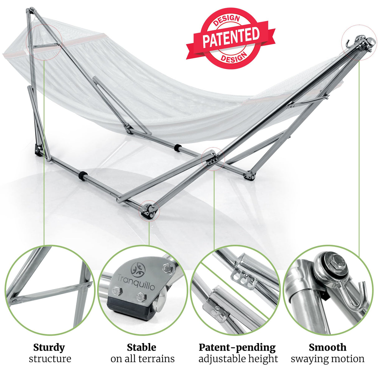 Tranquillo Double Hammock with Stand 650lb Capacity Double Hammock with Spreader Bar, Solid Grade 201 Stainless Steel 30s Set Up, Sturdy Flexible Hammock Stand Portable, Outdoor Indoor, Grey Tranquillo