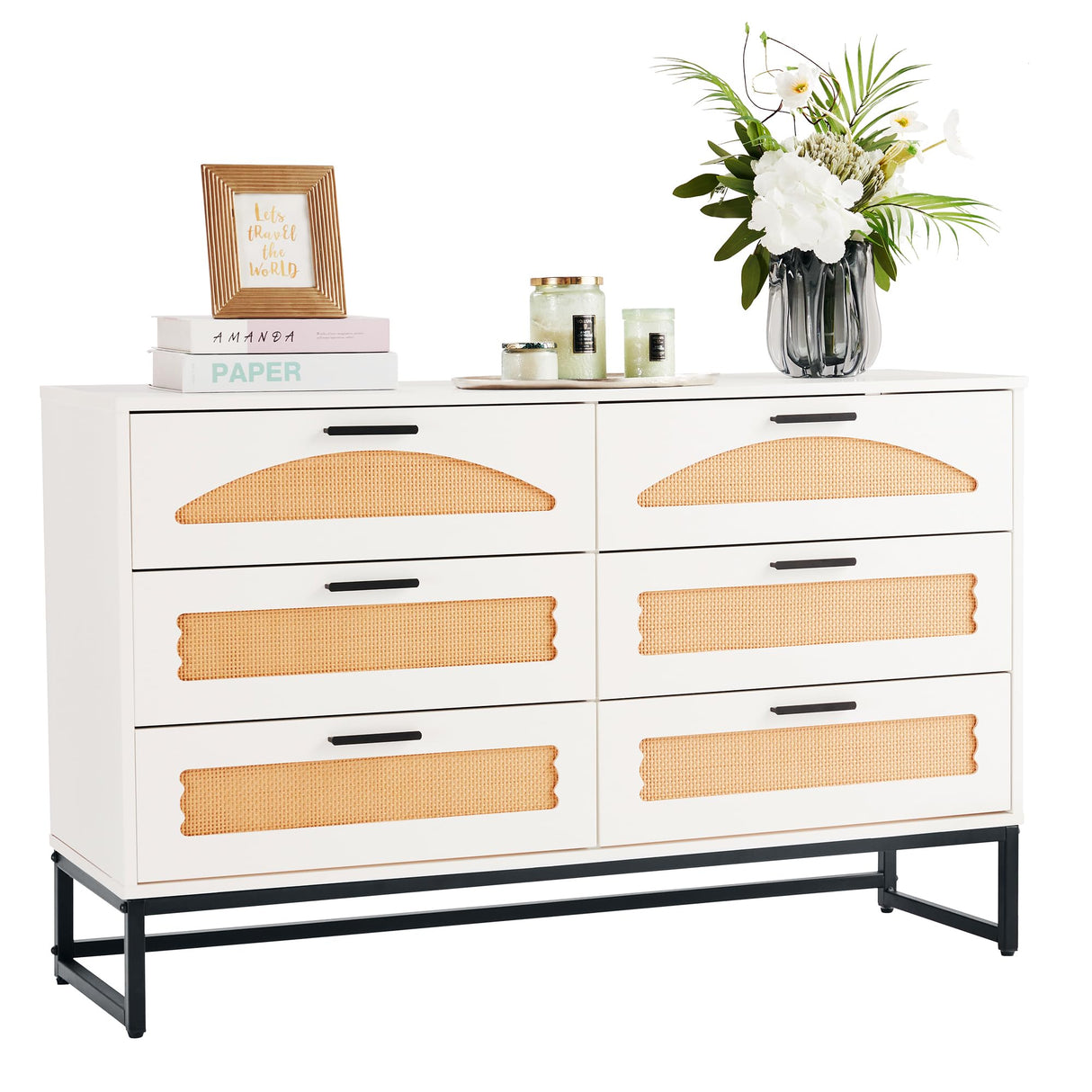 Mericonia 6 Drawer Double Dresser for Bedroom, Rattan Chest of Dressers, Modern Wooden Dresser Chest with Golden Handles for Bedroom,Living Room, Hallway and Entryway Mericonia