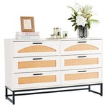 Mericonia 6 Drawer Double Dresser for Bedroom, Rattan Chest of Dressers, Modern Wooden Dresser Chest with Golden Handles for Bedroom,Living Room, Hallway and Entryway Mericonia