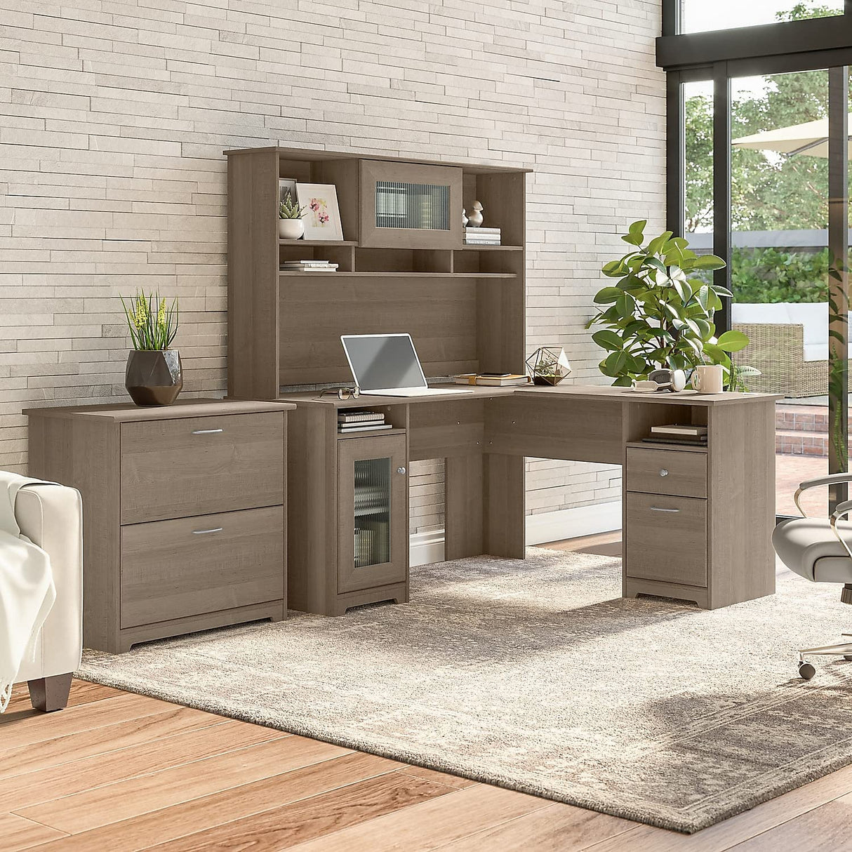Bush Furniture Cabot 60W L Shaped Computer Desk with Hutch and Lateral File Cabinet in Ash Gray Bush Business Furniture