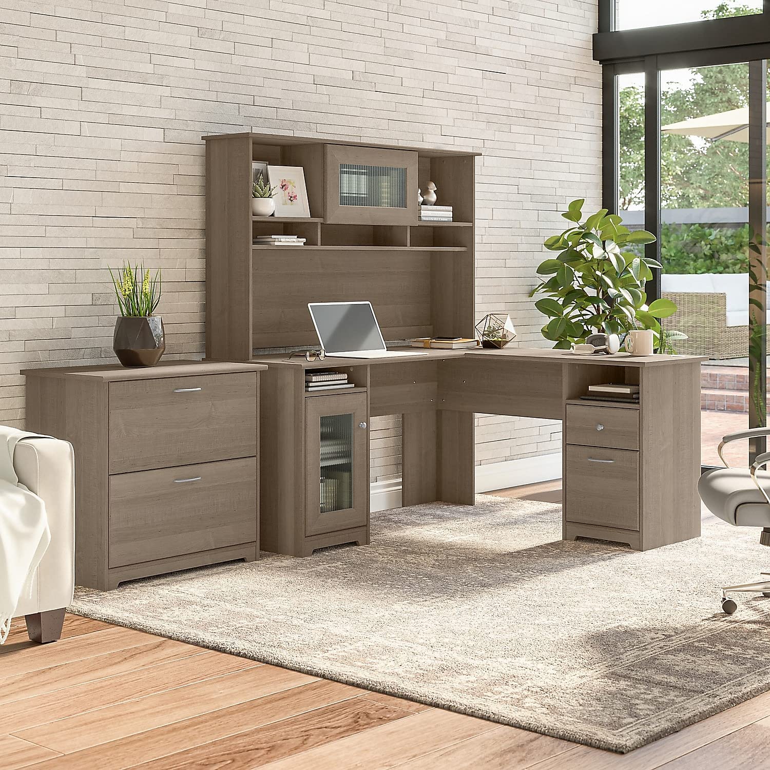 Bush Furniture Cabot 60W L Shaped Computer Desk with Hutch and Lateral File Cabinet in Ash Gray - WoodArtSupply