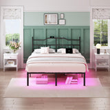 YORMDMO King Bed Frame with LED Lights, 14 inch Metal Bedframe with Headboard, Outlets & USB, Heavy Duty Basic Steel Slats Platform, Noise Free, No Box Spring Needed YORMDMO