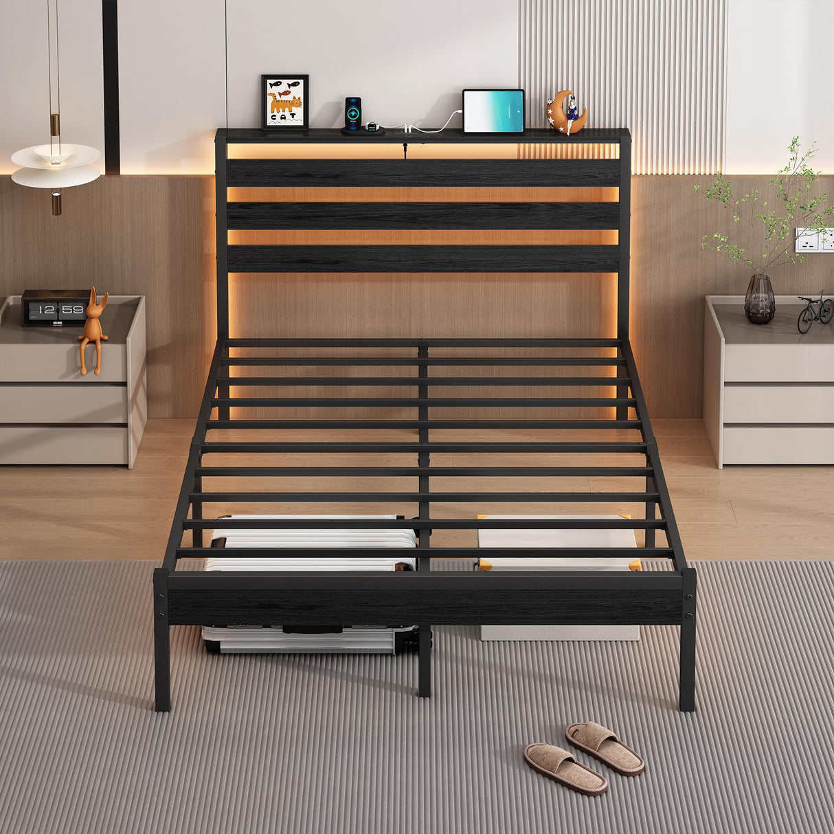 CLIBFENG 14 Inch Classic Metal Platform Bed Frame-Full Size Bed Frame with Headboard,Steel Slats Support-LED Bed Frame with USB Charging Station,Under Bed Storage,No Box Spring Needed,Noise Free CLIBFENG