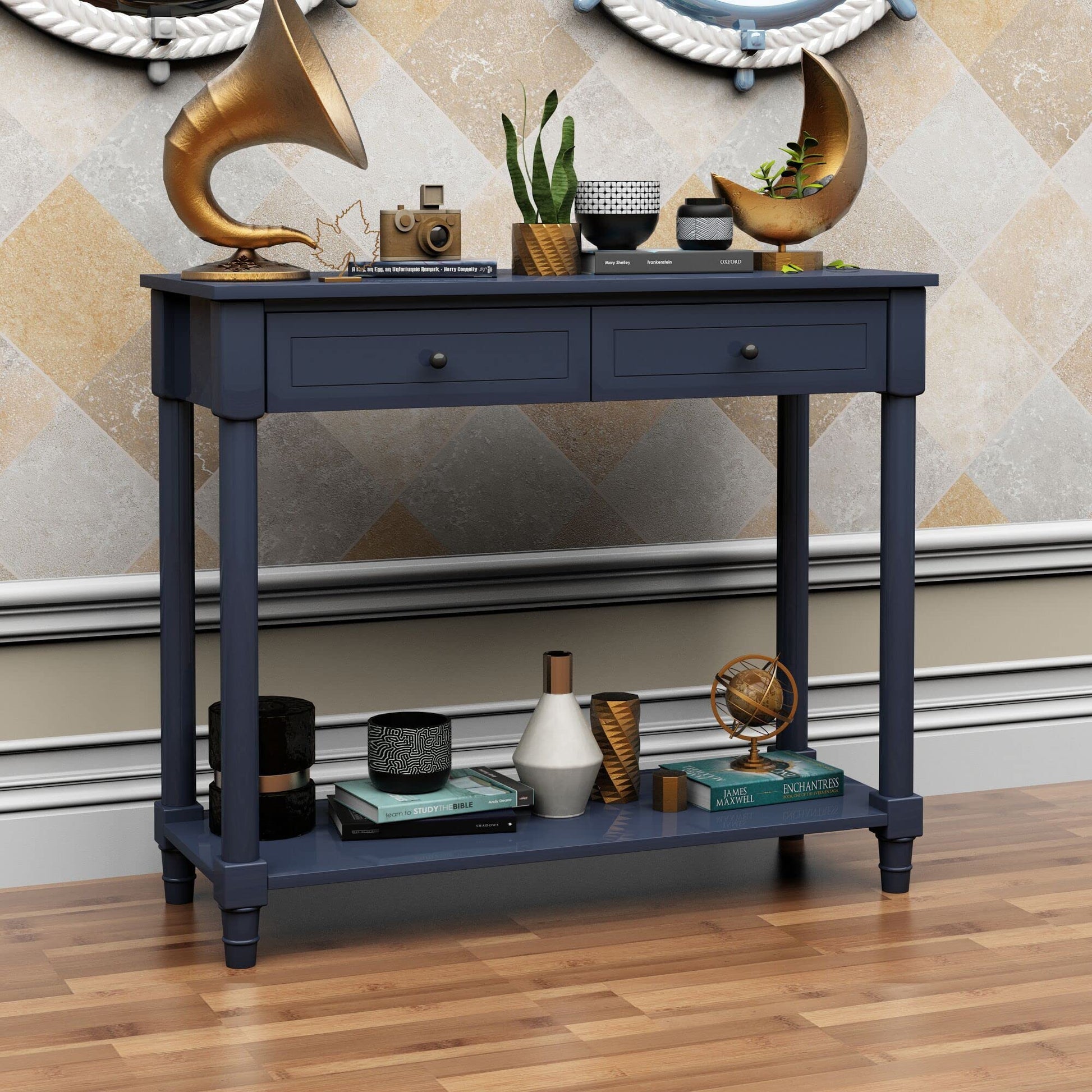 Karl home Console Table with 2 Drawers, Narrow Sofa Side Table Entryway Desk with Bottom Storage Shelf, TV Stand for Living Room Hallway Office, Black 29.7" H - WoodArtSupply